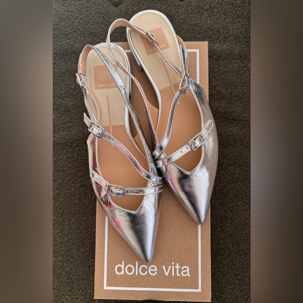 Dolce Vita Silver Metallic Pointed-Toe Slingback Flats